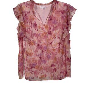 Molly & Isadora Top Plus Size 1X Pink Metallic Floral Short Sleeve Ruffled New